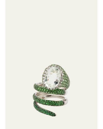 Stefere White Gold Green Garnet And Green Amethyst Convertible Ring With Diamond Halo