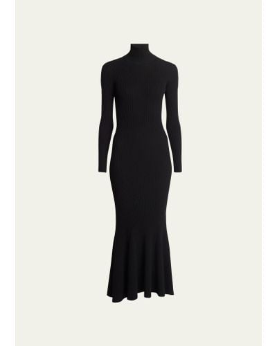 Balenciaga High-neck Ribbed Cashmere Wool Flounce Dress - Black