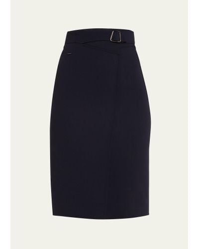 Akris Trapezoid Buckle Wrapped Wool Pencil Skirt - Blue