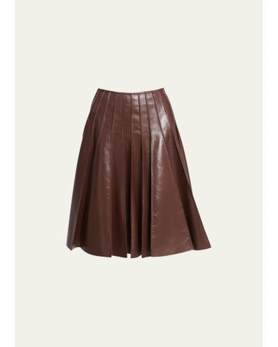 Bottega Veneta Smooth Nappa Leather Plisse Midi Skirt - Brown
