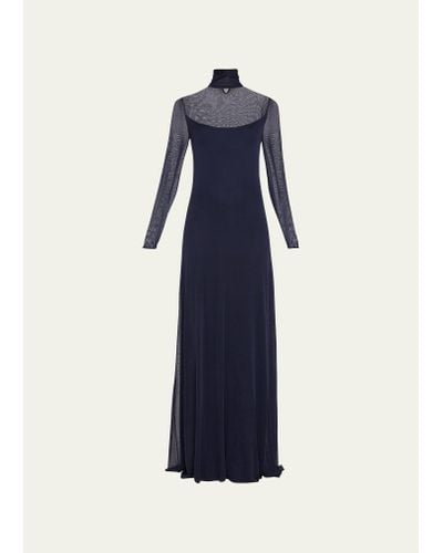 Ralph Lauren Collection Sheer Turtleneck Knit Column Evening Dress - Blue