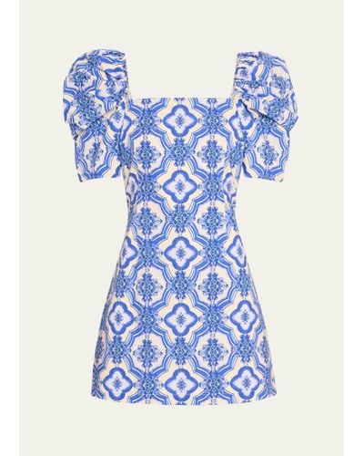 Cara Cara Kelly Blue Tile Print Puff-sleeve Dress