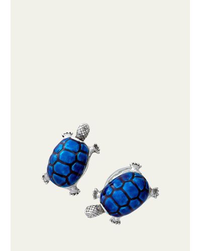 Jan Leslie 925 Sterling Silver Smiling Enamel Shell Turtle Cufflinks - Blue
