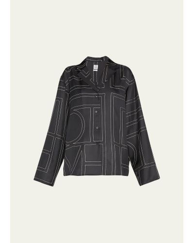 Totême Monogram-embroidered Silk Pajama Top - Black
