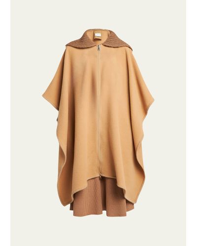 Moncler Wool Long Cape With Knit Collar - Natural