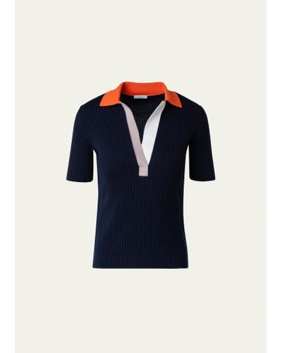 Akris Punto Ribbed Knit Wool Polo Top With Colorblock Collar - Blue