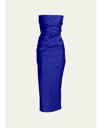 Alex Perry Satin Crepe Strapless Draped Midi Dress - Blue