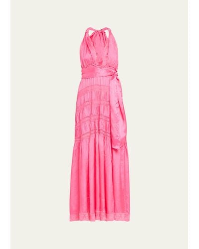 LoveShackFancy Vendima Tiered Satin Maxi Halter Dress - Pink