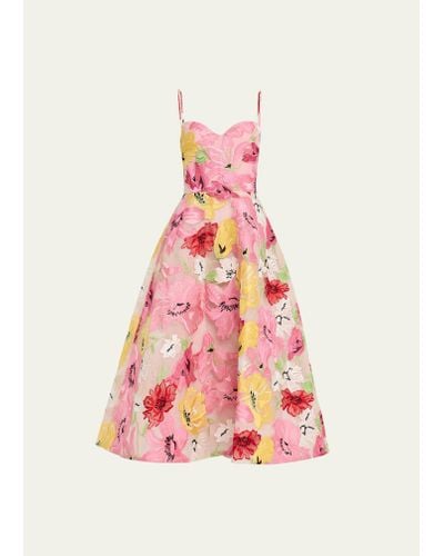 Monique Lhuillier Floral-embroidered Flared Skirt Dress - Pink