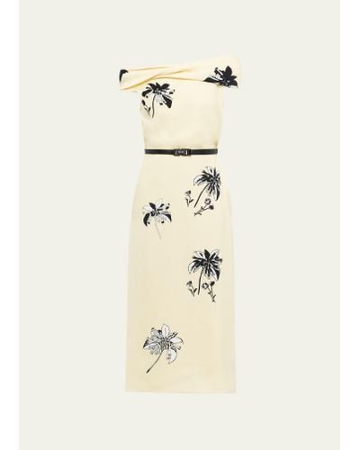 Prada Off-the-shoulder Floral-print Belted Midi Dress - Natural