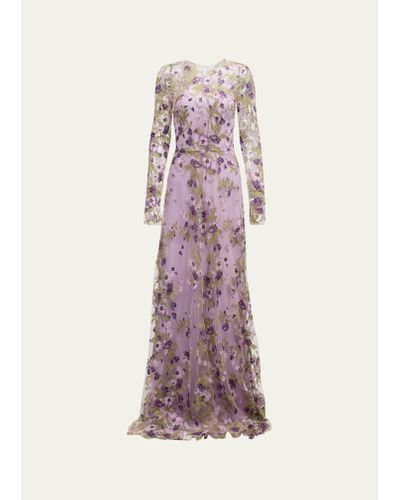 Naeem Khan Embroidered Floral Gown With Sheer Overlay - Pink