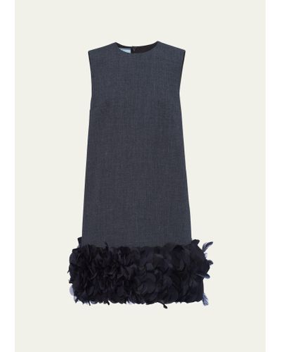 Prada Mat Feather-hem Mini Dress With Crystal Buttons - Blue