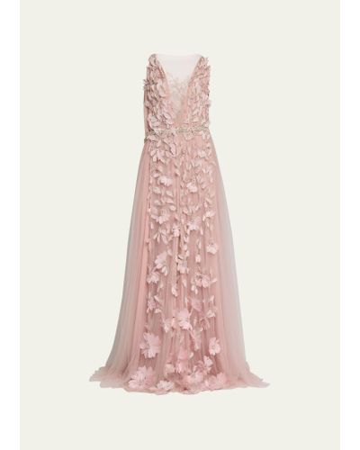 Reem Acra Plunging Floral Feather Applique Crystal Gown - Pink