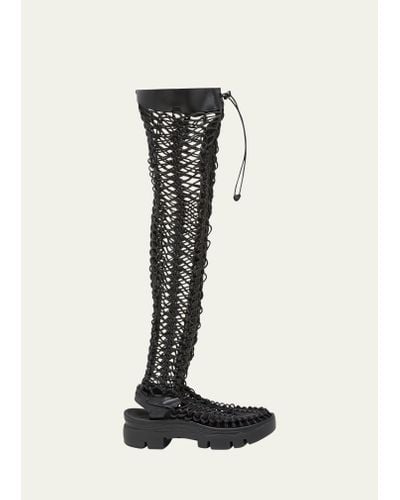 Noir Kei Ninomiya Leather Net Over-the-knee Lace Boots - Black
