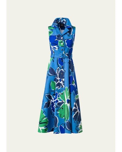 Akris Abraham Floral Print Belted Midi Dress - Blue