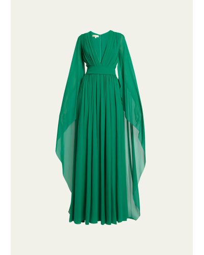 Elie Saab Long Plunging Neck Slit Silk Dress - Green