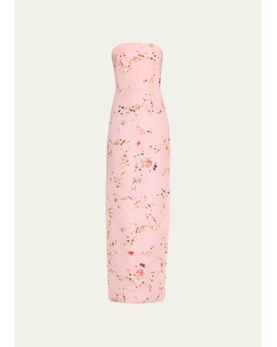 Monique Lhuillier Strapless Floral Gazar Gown With Bustle Train - Pink