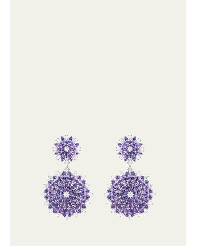 Paul Morelli 18k White Gold Dahlia Double Dangle Earrings With Diamonds And Purple Sapphires