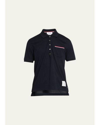 Thom Browne Heather Polo Shirt With Striped Pocket - Blue