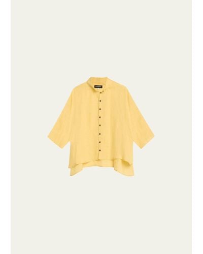 Eskandar Sloped-shoulder Wide A-line Pleated Collar Short-sleeve Shirt (mid Length) - Yellow