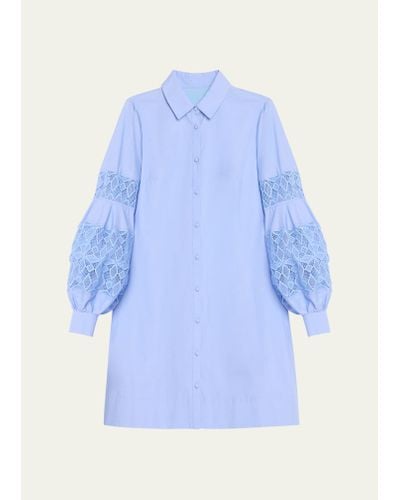 Lela Rose Lace-inset Blouson-sleeve Shirt Dress - Blue