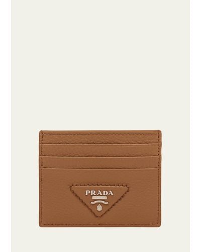 Prada Triangle Logo Leather Card Holder - Brown