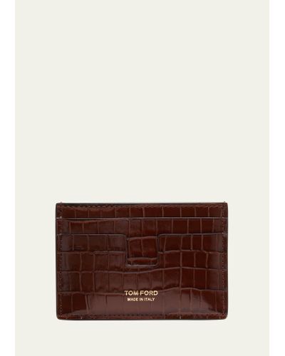 Tom Ford Croc-printed Leather T-line Card Holder - Brown