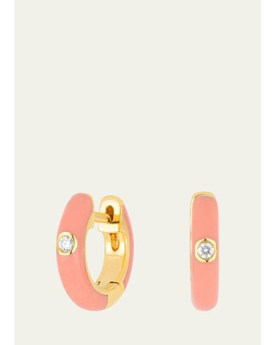 EF Collection Single Diamond Coral Enamel Huggie Earrings - Pink