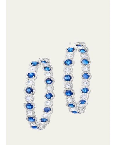 64 Facets 18k White Gold One Of A Kind Scallop Hoop Earrings With Diamonds And Blue Sapphires