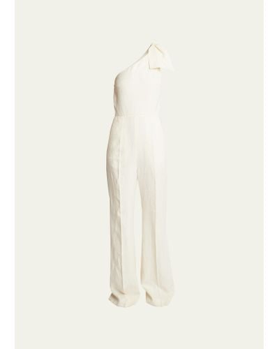 Chloé Linen Canvas One-shoulder Jumpsuit With Bow Detail - Natural