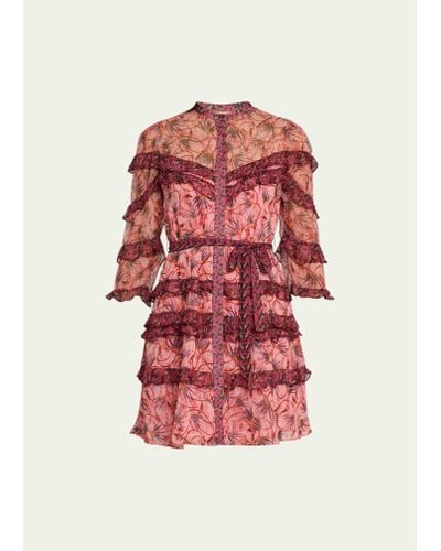 Saloni Tasha Tiered Ruffle Silk Button-front Mini Dress