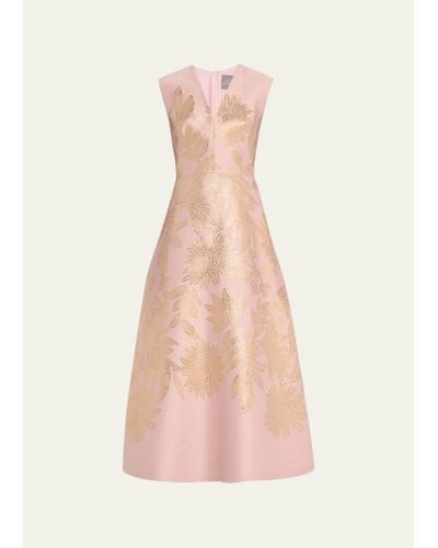 Lela Rose Blair Metallic Floral Jacquard Sleeveless Midi Dress - Pink