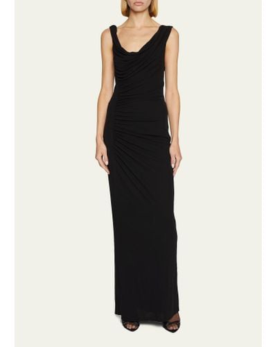 Saint Laurent Asymmetric Draped Jersey Gown - Black