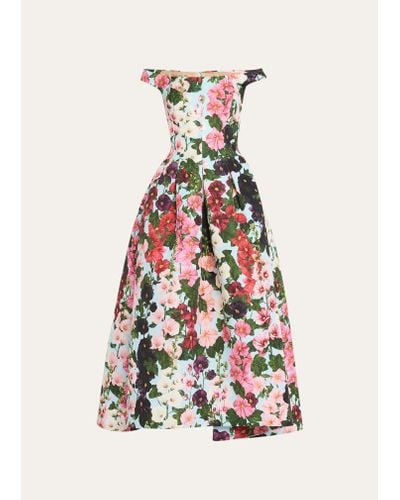 Oscar de la Renta Hollyhocks Floral-print Off-the-shoulder Faille Tea-length Dress - White