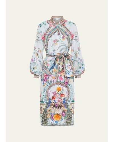 Camilla Floral Linen Belted High-low Midi Shirt Dress - White
