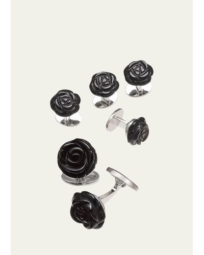 Jan Leslie Onyx Carved Rose Tuxedo Cuff Link And Stud Set - White