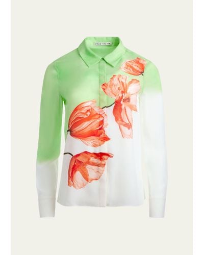 Alice + Olivia Brady Two-tone Floral Oversized Button-front Silk Blouse - White