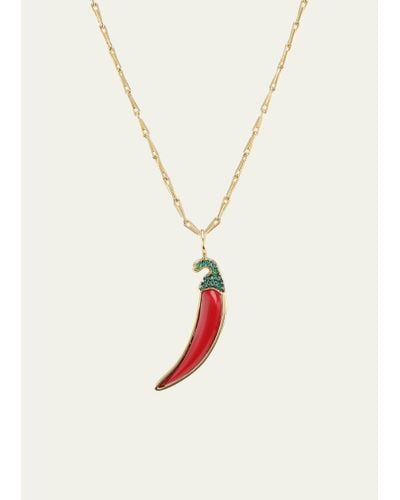 Brent Neale 18k Yellow Gold Coral Chili Pepper Pendant With Emeralds - White