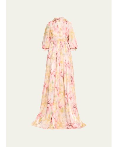 Badgley Mischka Blouson-sleeve Shimmer Floral-print Empire Gown - Pink
