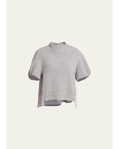 Sacai Puff-sleeve Denim Knit Blouse - Gray