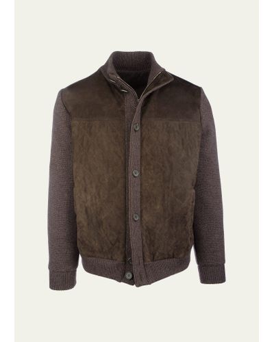 FIORONI CASHMERE Suede Bomber Jacket W/ Knit Sleeves - Brown