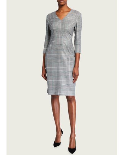 ESCADA Mixed-check Wool-silk 3/4-sleeve Dress - Gray