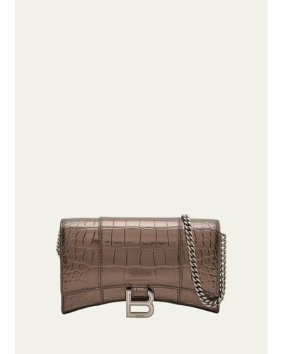 Balenciaga Hourglass Metallic Croc-embossed Wallet On Chain - Brown