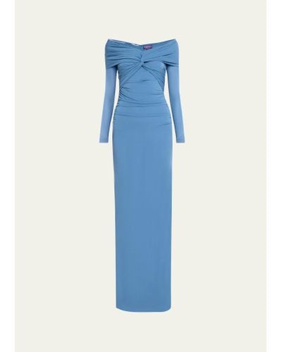 Ralph Lauren Collection Ruched Jersey Off-shoulder Column Dress - Blue