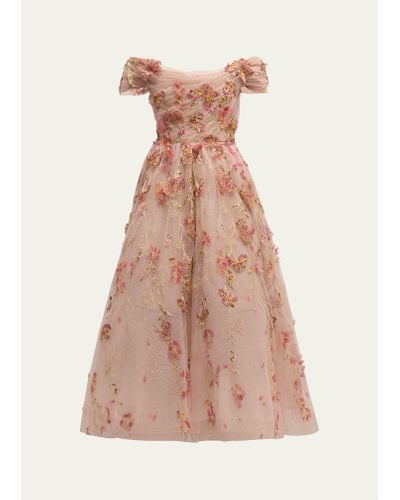 Marchesa Off-shoulder Floral Applique Dress - Pink