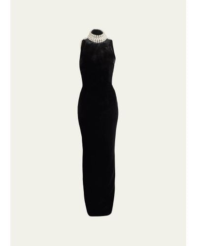 Balmain Velvet Halter Gown With Pearlescent Detail - Black
