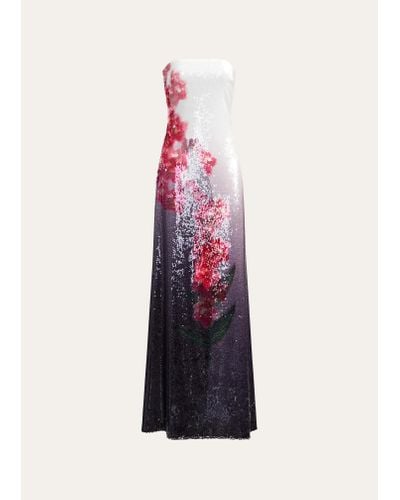 Halston Spencer Strapless Floral-print Sequin Gown - White