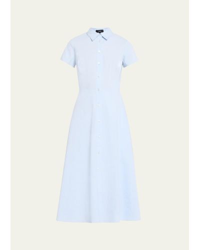 Theory Good Linen Short-sleeve Button-front Midi Shirt Dress - Blue