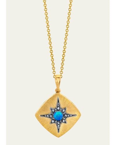 Arman Sarkisyan Square Locket With Opal And Diamond Starburst On 22k Gold Chain - White