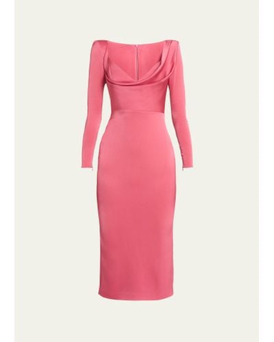 Alex Perry Cowl-neck Strong-shoulder Long-sleeve Satin Crepe Midi Dress - Pink